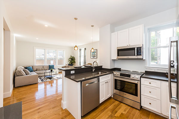 Kitchen and living room at 1800 Mass Ave